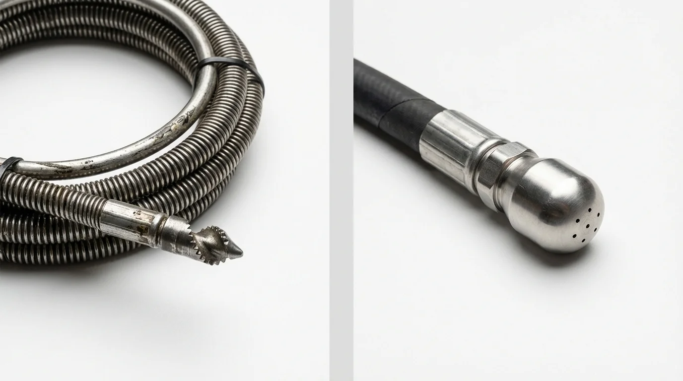 Drain snake cable and hydro jetting nozzle used for drain cleaning in Roselle, NJ