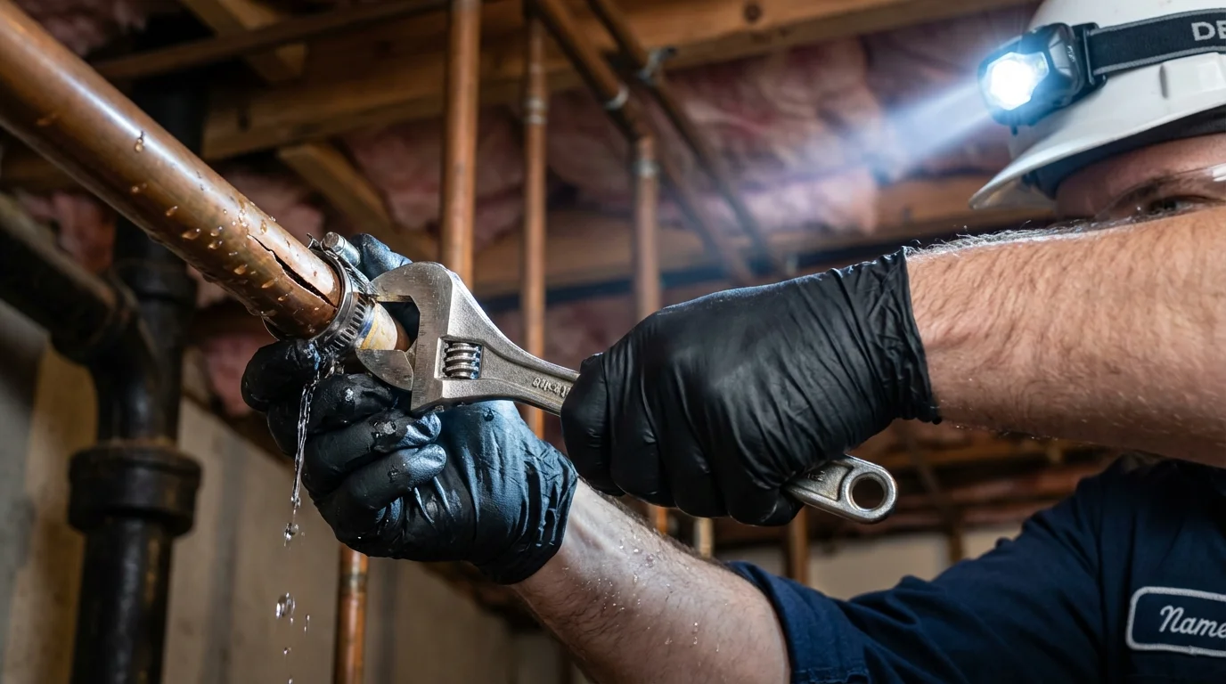 Emergency pipe clamp repair being performed by a Johns Plumbing LLC plumber in Roselle