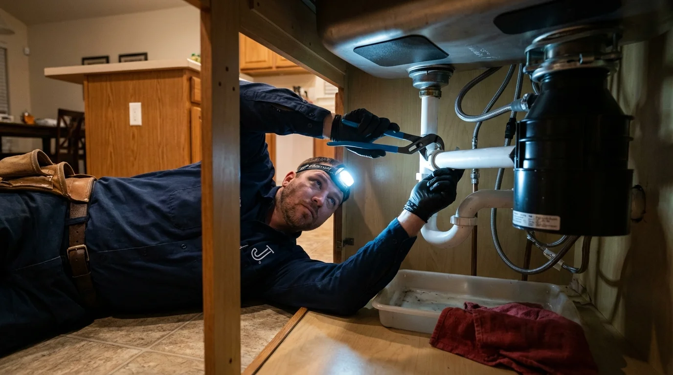 P-trap and supply line connections under a kitchen sink showing a common leak point in Roselle, NJ
